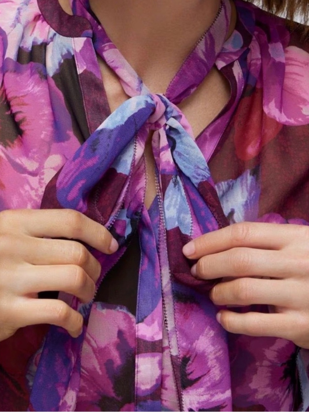 White House Black Market Purple Floral Tie-Neck Blouse